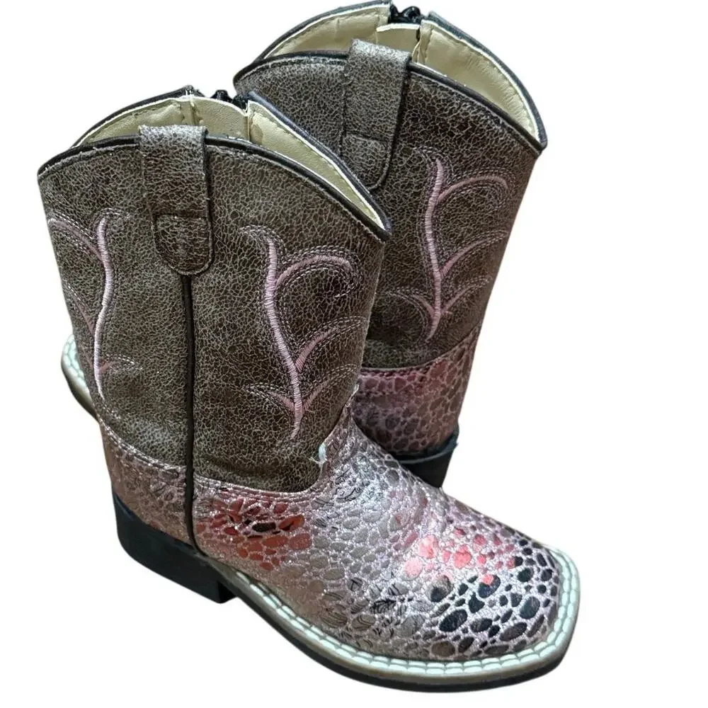 Old West Girls Pink Western Cowboy Boots Square Toe Side Zip Size 8C VB1054